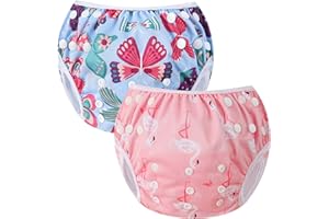 MIXIDON Pañal de natación para bebé reutilizable ajustable lavable pantalones de natación pañales de tela impermeables talla única bañador para niños de 0 a 3 años Mariposa + Flamenco