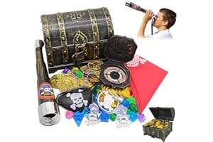 MINEUP Pirate Treasure Chest Toy, Plastic Bronze Treasure Chest, Antique Color with 100 Colorful Gems 100 Plastic Gold Coins 4 Earrings 2 Rings 1 Compass for Boy Girl Halloween Pirate Themed Party Favors