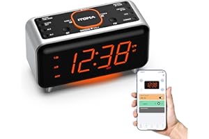 iTOMA Despertador de Radio con Control de aplicación, Bluetooth, Radio FM, Despertador Dual en Cuatro Modos, Siesta fácil, atenuador, luz Naranja Nocturna, Puerto Cargador USB 208