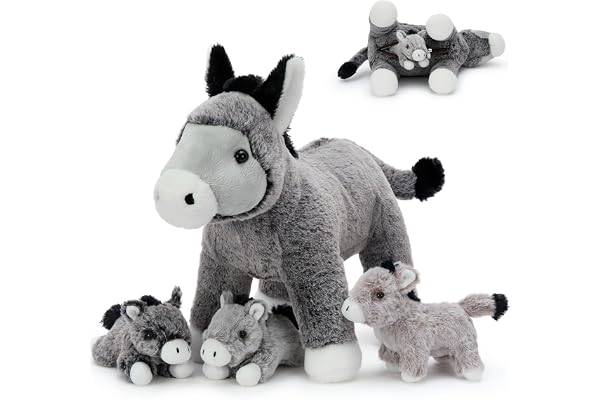 MorisMos XXL Grand Âne en Peluche, 46cm Gris Âne avec 3 Kawaii Bébés, Réalistes Animaux en Peluche Géants Douce Cadeau pour Enfants Noël Anniversaire Deco
