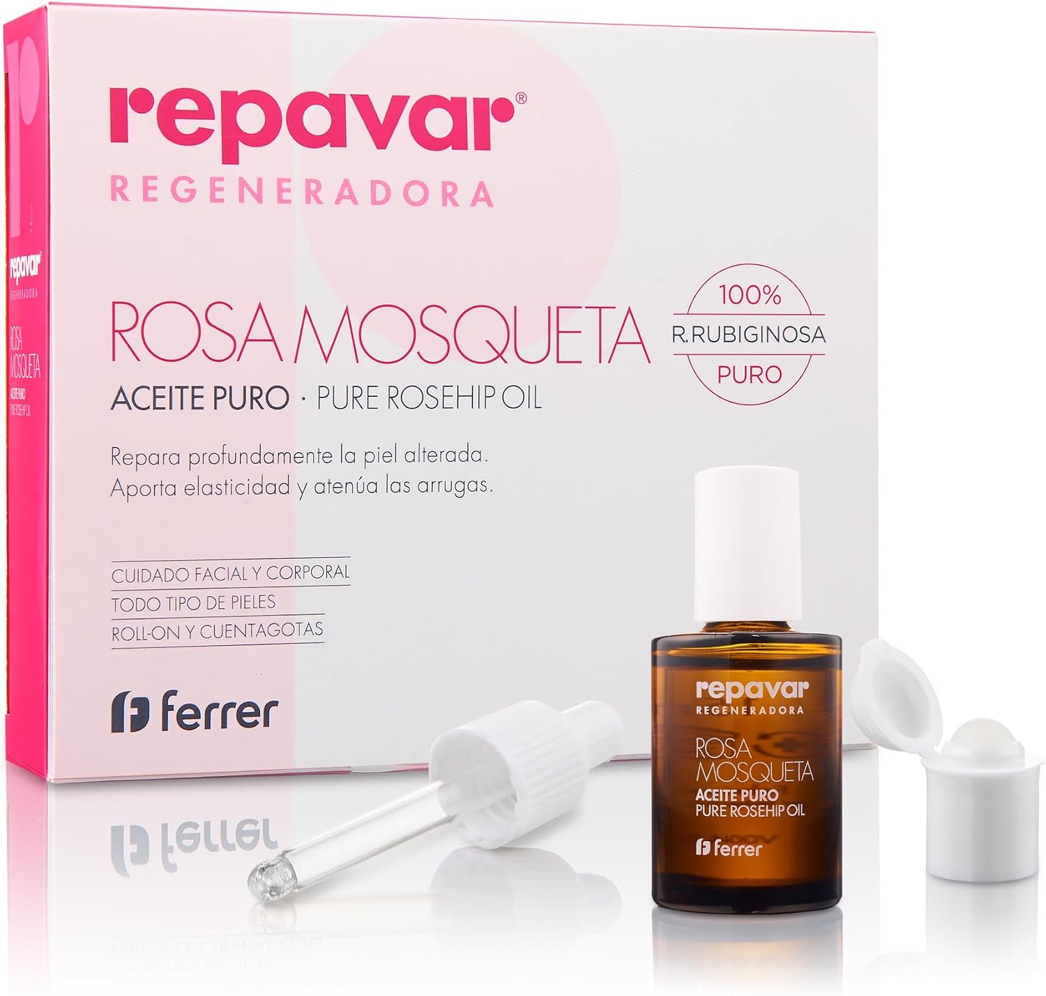 Repavar - Aceite 100% Puro Rosa Mosqueta Primera Presión en Frío, Alta capacidad Regeneradora para Cicatrices - Incluye Aplicador Roll On y Cuenta Gotas - 15 ml