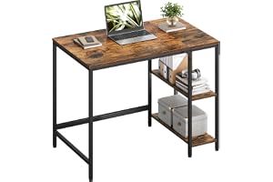 VASAGLE skrivbord, datorbord, PC-bord, kontorsbord, med 2 hyllor på höger eller vänster sida, för kontor, vardagsrum, stålram, industriell design, vintagebrun-svart LWD046B01