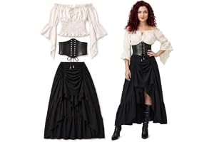 Qnbonrich Halloweenkostym dam, medeltida pirater kostym set | Med tillbehör pirathuvudduk, midjebä , medeltida klänning dam