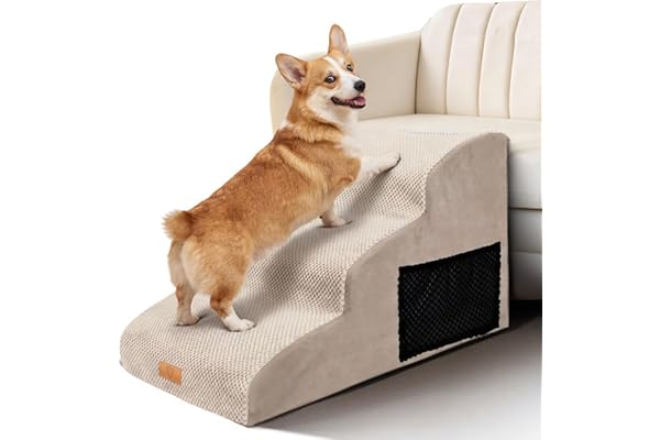 Masthome Escalier pour Chiens et Chats 3 Marches Beige, Pente Douce Protège Articulations, Antidérapant, Housse Amovible Lavable et Imperméable, pour Canapé et Lit