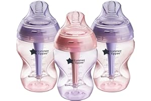 Tommee Tippee Baby Bottles, Natural Start Anti-Colic Baby Bottle with Slow Flow Breast-Like Teat, 260ml, 0m+, Self-Sterilising, Baby Feeding Essentials, Pink & Purple, Pack of 3