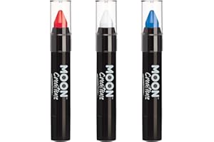 Moon Creations Crayón para pintar la cara | Coronation King Charles Union Jack, Set de 3 | 3.2g | Para niños, adultos, disfraces, festivales, Halloween Azul, Blanco, Rojo