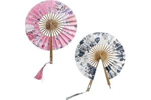 SWoob 2pcs Fans Handheld Folding Fans Japanese Retro Windmill Fans Round Bamboo Silk Fan Decor for Dancing Gifts Wedding Gifts Home Decoration
