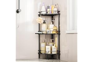 SWTYMIKI Corner Shower Caddy - 3 tier Bathroom Corner Shelf Shower Organizer Corner with 4 Hooks, Rust Free Standing Shower Caddy with Soap Holder,Shower Rack for Inside Bathroom,Shower storage,Black