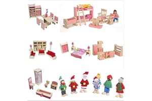 DecoBay Wooden Dolls House Furniture 6 Sets Bedroom, Kitchen, Dining Room, Bathroom, Living Room and Nursery with 7 Family Dolls (6 Sets of Rooms and 7 Family Dolls Christmas Edition)