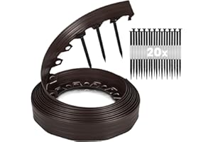 GARDENIX LineBorder Bordure de pelouse Flexible en Plastique, 20 piquets d'ancrage, Longueur 10 m, Hauteur 6 cm, Marron