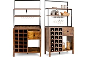 KOMFOTTEU Mueble de Cocina para Vino, Armario de Bar para 18 Botellas con Soporte para Copas, Armario Buffet con Cajón y Estantes Abiertos, Soporte para Microondas para Comedor, 74 x 40 x 160 cm