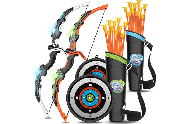KIZJORYA Tir a Larc Arc Enfant 3-12 Ans, Jeux Exterieur Enfant & Sport Intérieur, Jouet de Tir à l'arc Lumineux pour 3-12 Ans Garçons Filles, Cadeau Jouet Enfant 3 4 5 6 7 8 9 10 11 12 Ans Garçon
