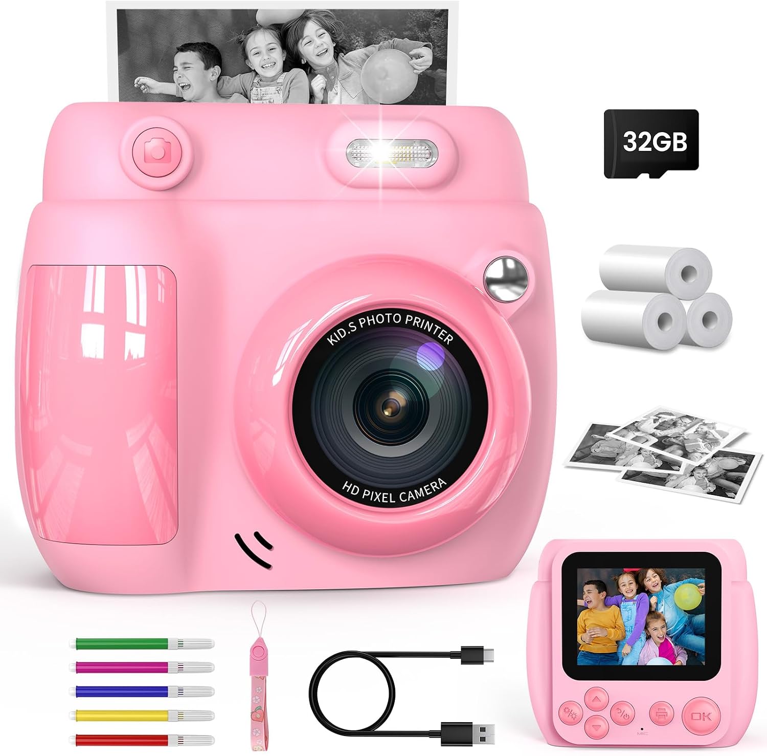 Gofunly Camara Fotos Infantil Instantanea, 2,4 Pulgada 1080P Camara Fotos Infantil con Tarjeta de 32GB y Papel Fotografia, Juguete Cámara Instantánea Regalos para Niños y Niñas de 3-10 Años (Rosa)
