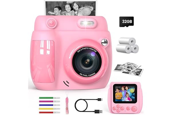 Gofunly Appareil Photo Instantané Enfant 2,4 Pouces - Caméra Vidéo Numérique 1080P avec Carte 32GB & 3 Rouleaux de Papier, Cadeau de Noël Anniversaire pour Garçons Filles de 3 à 12 Ans (Rose)