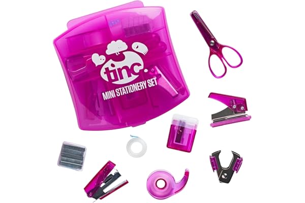 Tinc - Mini Kit de Papeterie - Ensemble avec Mini Agrafeuse Dévidoir de Ruban Adhésif Ciseaux Taille-crayon et Dégrafeuse - Fournitures de Bureau Compactes pour École et Maison - Rose