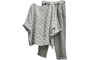 TDEOK Pyjama long en lin pour femme - Grandes tailles - Pantalon en lin et chemisiers en lin - Vintage - Élégant - Tenue de loisirs légère - Grande taille