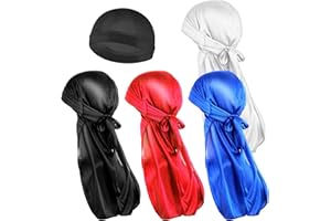 COMNICO 4 tappi ondulati in seta e 1 cappello rotondo Durag in seta, extra lungo, senza pieghe, ultra morbido, comodo, elastico per uomini e donne, Nero, Argento, Blu, Rosso, Taglia unica