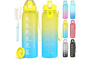 AOHAN Butelka na wodę 1 l, sportowa, z oznaczeniem czasu, na napoje bez BPA, szczelna, motywacyjna, z filtrem i szczotką, na siłownię, do biegania, szkoły, jazdy na rowerze, żółto-niebieska, gradient