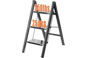 JOISCOPE Escalera Plana de 3 peldaños, Plegable fácil de almacenar, Escalera Ancha de Aluminio con Estera de Goma Antideslizante, Carga Máxima 550lb Apta para Todas Las escenas de la Vida, Negra