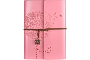 OMEYA Leather Notebook Journal, Vintage Refillable Journal with 2 PVC Pockets, Travel Journal for Writing, Diary Journal for Women, Men, Girls and Boys, 100GSM Lined Paper, 160 Pages (Pink A5 16.5 x 23.4cm)