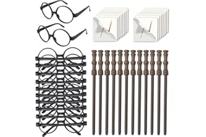 YoHold Crayons de baguette magique, lunettes de magicien avec cadre rond sans lentilles,Foudre Tatouage Temporaire pour soirée à thème magique, décor d'Halloween, récompenses scolaires,12 pcs chacune
