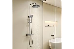 KOMIRO Duscharmatur mit Thermostat, Duschsystem Schwarz, Duschsäule Höhenverstellbare, Regendusche Kopfbrause und 5 Strahlarten Handbrause, Duschsystem mit thermostat Runde
