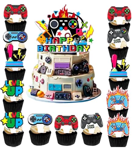 11 Stück Gaming-Kuchen-Einsätze + 1 Geburtstagshut – Gamecontroller-Design, Für Gamer-Partys