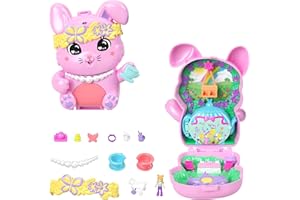 Polly Pocket Conejito fiesta del té Estuche, conjunto de juego y muñecos, juguete de viaje con 1 muñequita, conejitos, comida y accesorios de moda, JCR40