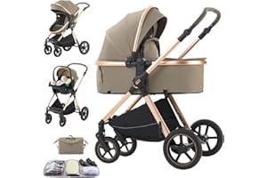Shineey Stroller 3 in 1 Travel System Aluminium Frame High Landscape Combined Strollers Lightweight Folding Pram for Newborns Toddlers 0-36 Months from Birth Aluminium Pushchair