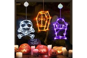 LOLStar Halloween Lights, 3 Pack Halloween Decorations White Skull, Orange Coffin, Purple Tombstone, Halloween Window Lights with Suction Cup Battery Operated, 2023 Upgrade Slow Fade Mode and Timer