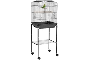 PawHut Bird Cage Budgie Cages for Finch Canary Parakeet with Stand Wheels Slide-out Tray Accessories Storage Shelf, Black 46.5 x 36 x 124 cm