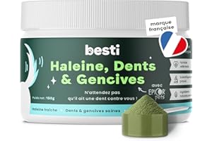 BESTI - Haleine, Dents & Gencives | Poudre Dentaire pour Chiens | Anti-Tartre, Mauvaise Haleine | Pré Post Probiotiques Naturels | Marque Française - Formule Vétérinaire | Eucalyptus | 75 Doses | 150g