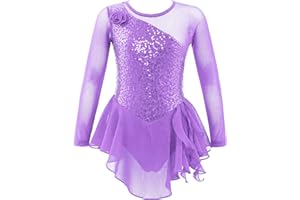 IEFIEL Vestido Lentejuelas de Danza para Niña Maillot Patinaje Artístico de Manga Larga Leotardo de Ballet Gimnasia Vestido de Bailarina 4-16 Años