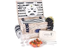 Les Jardins de la Comtesse - Panier Pique-Nique Marine - Complet pour 4 Personnes - Compartiment Glacière Isotherme/Nappe Imperméable - Assiettes en Céramique/Verres à Vin en Verre - 45 x 31 x 24 cm