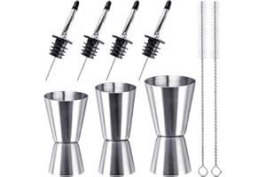 BUBUNY Cocktail Messbecher 3 Stück, Edelstahl Messbecher Cocktail Barmaß, 3cl/4cl/5cl/6cl Doppelmass Jigger mit 4 Stück Flaschenausgießer & 2 Pinseln, für Bar Party Wein Drink Shaker