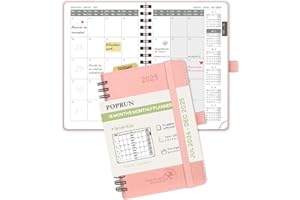 POPRUN Agenda 2024 2025 Mensual Pequeña Espiral 16 x 10,5 cm, 18 Meses de Jul.2024 a Dic.2025, Regla de Plástico, Tapa Blanda, 100 GSM Papel, Rosado