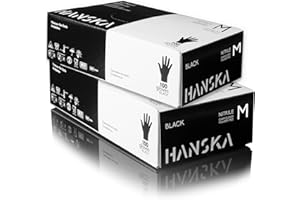 HANSKA 200 pezzi Guanti Monouso Nitrile Neri - Senza Polvere - Usa e Getta- Ambidestri - Non Sterili - Base di Gomma - Adatti per Ambiti Medici, Manipolazione degli Alimenti (200, M)