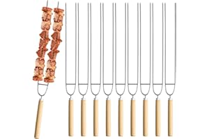 THKO Brochettes pour Barbecue, Lot de 10 pcs 32cm Pic Brochette Inox, Pique Brochette avec Manche en Bois, Broche Kebab Pic à Brochettes Réutilisables U Brochettes Barbecue Inox pour Plat Griller