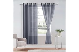 DWCN Dark Grey Sheer Curtains with Tiebacks Semi Transparent Voile Grommet Curtains Elegant Window Curtains for Bedroom and Living Room,2 Panels,W56 x L72