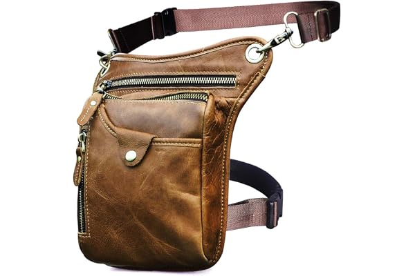 Le'aokuu Hommes Véritable Cuir Sac de Taille pour Moto Sac à Bandoulière Messenger Épaule Sac Bum Sac de Hanche pour Les Jambes Cuisse 211-5