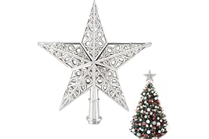 BOOSHMall Czubek na choinkę z gwiazdą, błyszczący, szpic na choinkę, nakładka na choinkę, odporna na pękanie, do ogólnych rozmiarów, szpic choinkowy, kolor srebrny