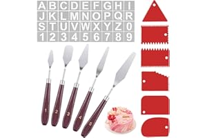VZOXL Palette Knife Set，5Pcs Pallet Knife Painting Tools with 6 Plastic Scraper Oil Painting Mixing Scraper and 36 Letter Stencils, Stainless Steel Painting Tools Set for Bakery Art Craft Painting