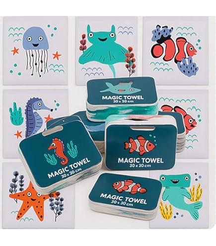Lot De 3 Serviettes Magiques Enfants - Motifs Animaux Marins - Déplient à L'Eau - Coton Lavable 30x30 Cm