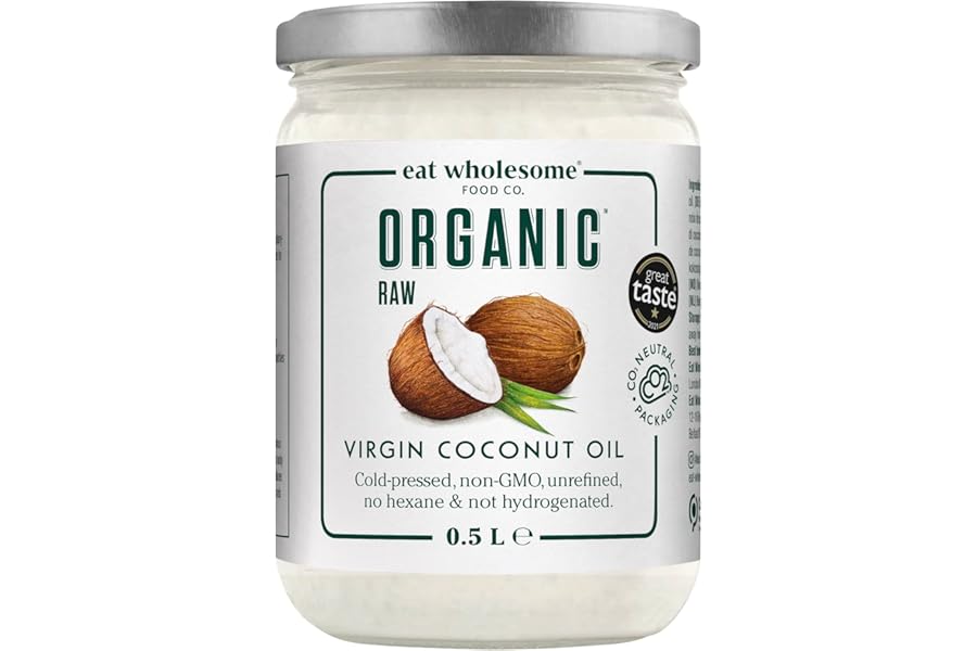 Eat Wholesome Organic Virgin Coconut Oil, 500ml - Raw, Cold Pressed, Award-Winning, Glass Jar in Box, For Cooking, Baking, Skincare & Hair, Vegan