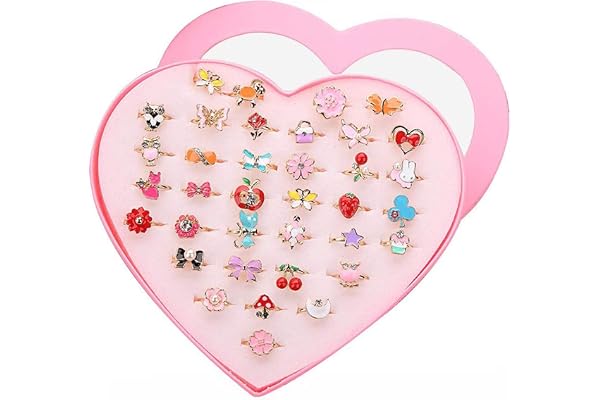 LHKJ 36 Pièces Bagues Petites Filles,Réglables Bague pour Enfant Fille avec Boîte De Coeur, Belle Présentation pour Un Cadeau à Une Petite Fille, Rose