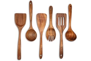 BOKALAKA Juego de utensilios de cocina, juego de utensilios de cocina de madera gris, 6 utensilios de cocina de madera para sartén antiadherente, cucharas de madera para cocinar, espátula de madera de teca