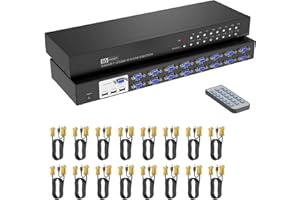 Interruttore KVM VGA 16 Porte, Yinker VGA 16x1 Console KVM a rack con 16 cavi a infrarossi e supporto per le orecchie HD 1U Rack Cabinet