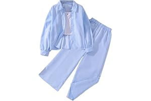 SoLu DAY8 Ensemble Ete Enfant Fille 8-13 ans Tailleur Chemise Manche Longue et Pantalon Ado Fille Ample Pas Cher Chic Confortable Mignon Habillée a la Mode Léger Casual Vacances