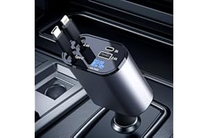 AmazeFan Einziehbares Auto Ladegerät, 60W Handy Schnellladegerät, 12V USB zigarettenanzünder Adapter mit iPhone und Typ-C Kabel, Kfz Ladegerät USB C Kompatibel mit iPhone/Galaxy/Pixel/Google/Huawei