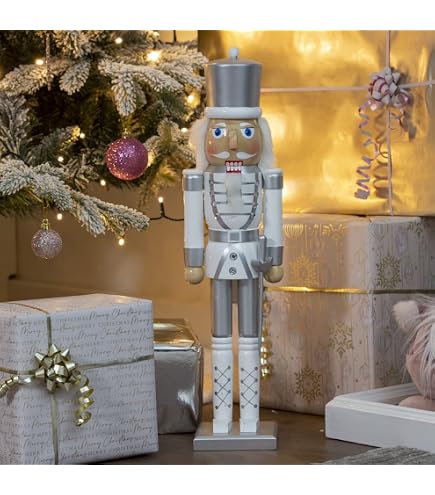 Casse-noisettes De Noël Soldat Timstor 35cm - Blanc Et Or En Polyrésine - Neuf En Boîte